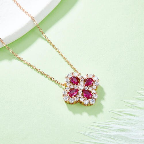 Lab-Grown Ruby 925 Sterling Silver Flower Shape Necklace - EMMY