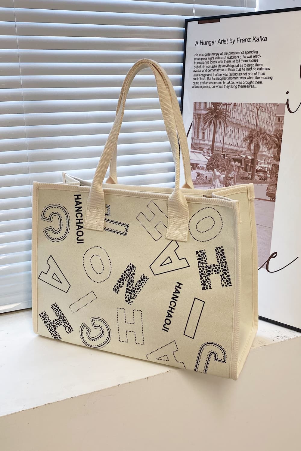 Letter Print Canvas Tote Bag - EMMY