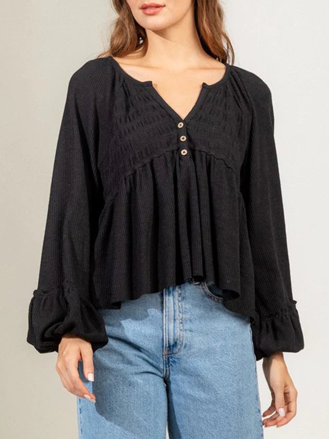 Notched Balloon Sleeve Peplum Blouse - EMMY