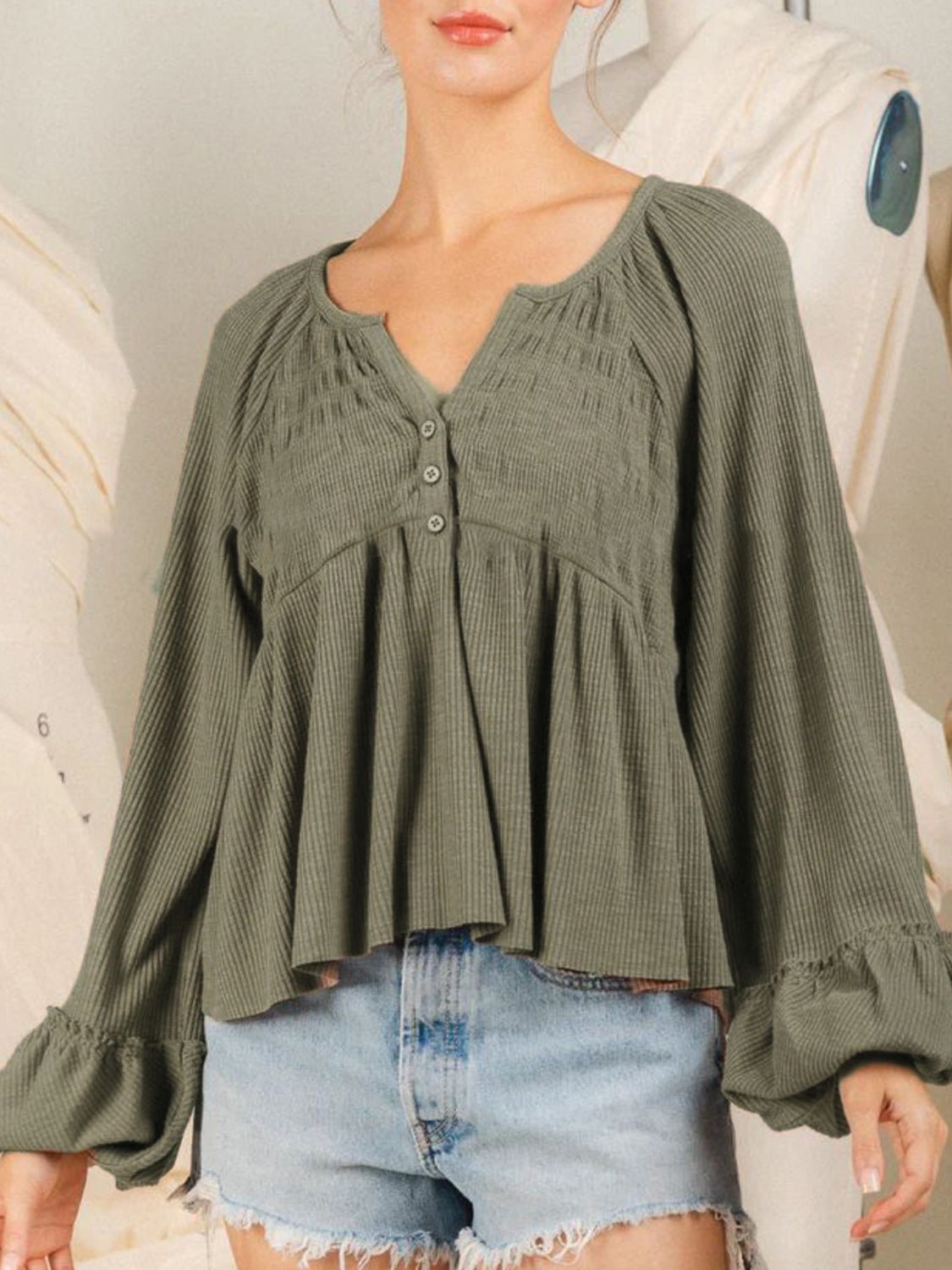 Notched Balloon Sleeve Peplum Blouse - EMMY