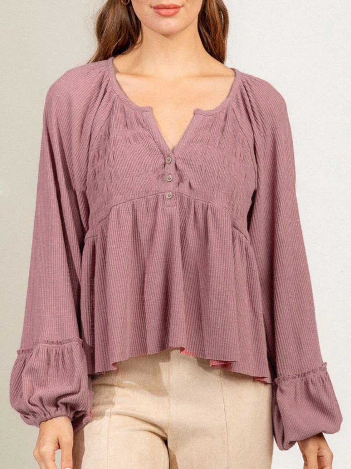 Notched Balloon Sleeve Peplum Blouse - EMMY