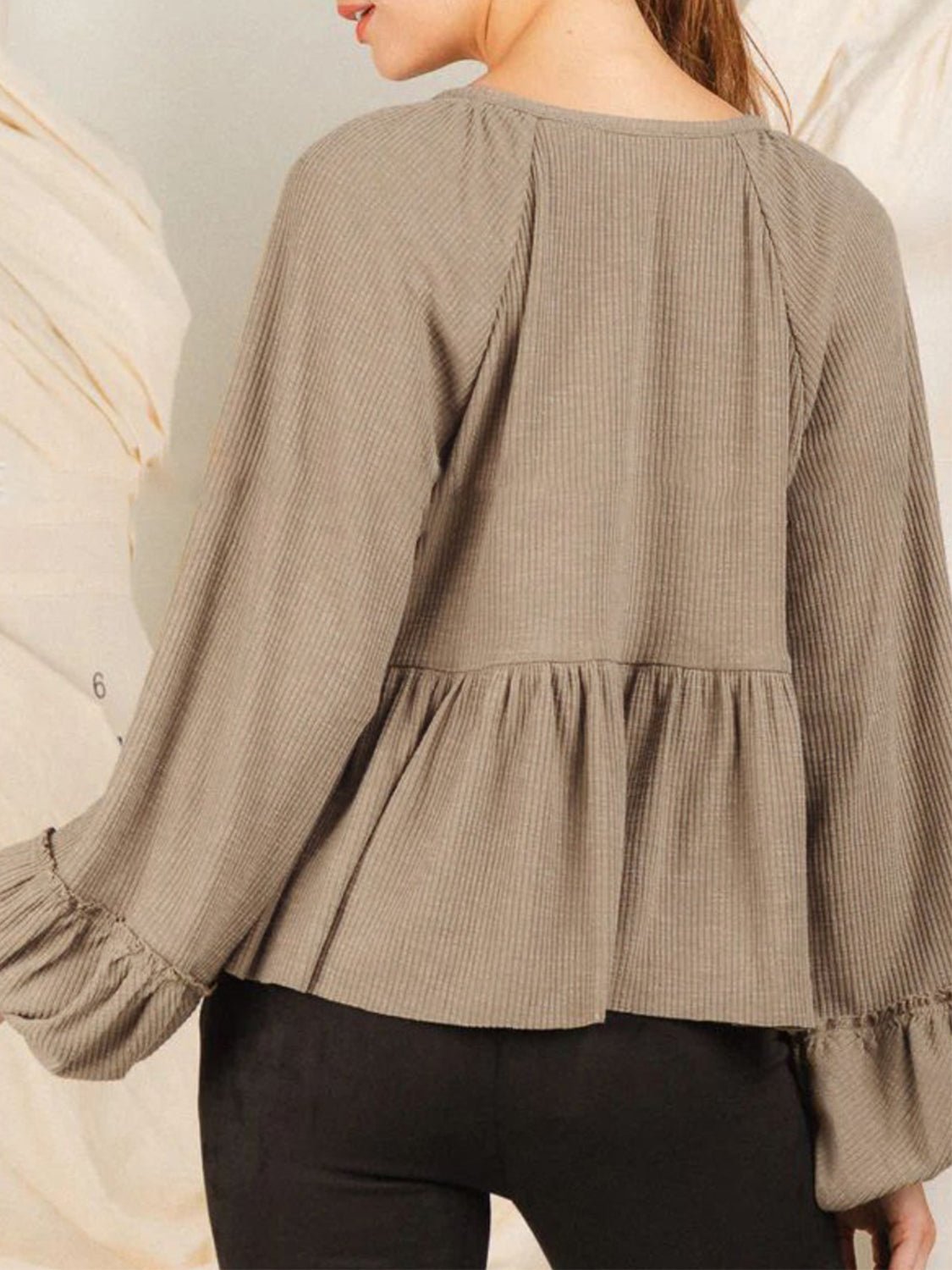 Notched Balloon Sleeve Peplum Blouse - EMMY