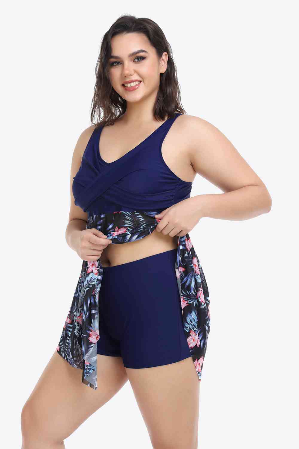Plus Size Floral Two-Tone Asymmetrical Hem Two-Piece Swimsuit - EMMY