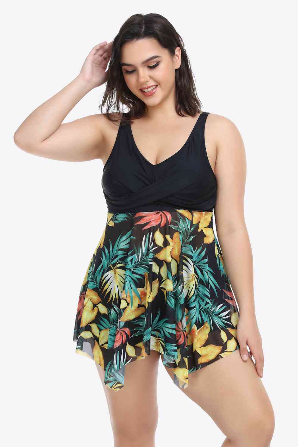 Plus Size Floral Two-Tone Asymmetrical Hem Two-Piece Swimsuit - EMMY