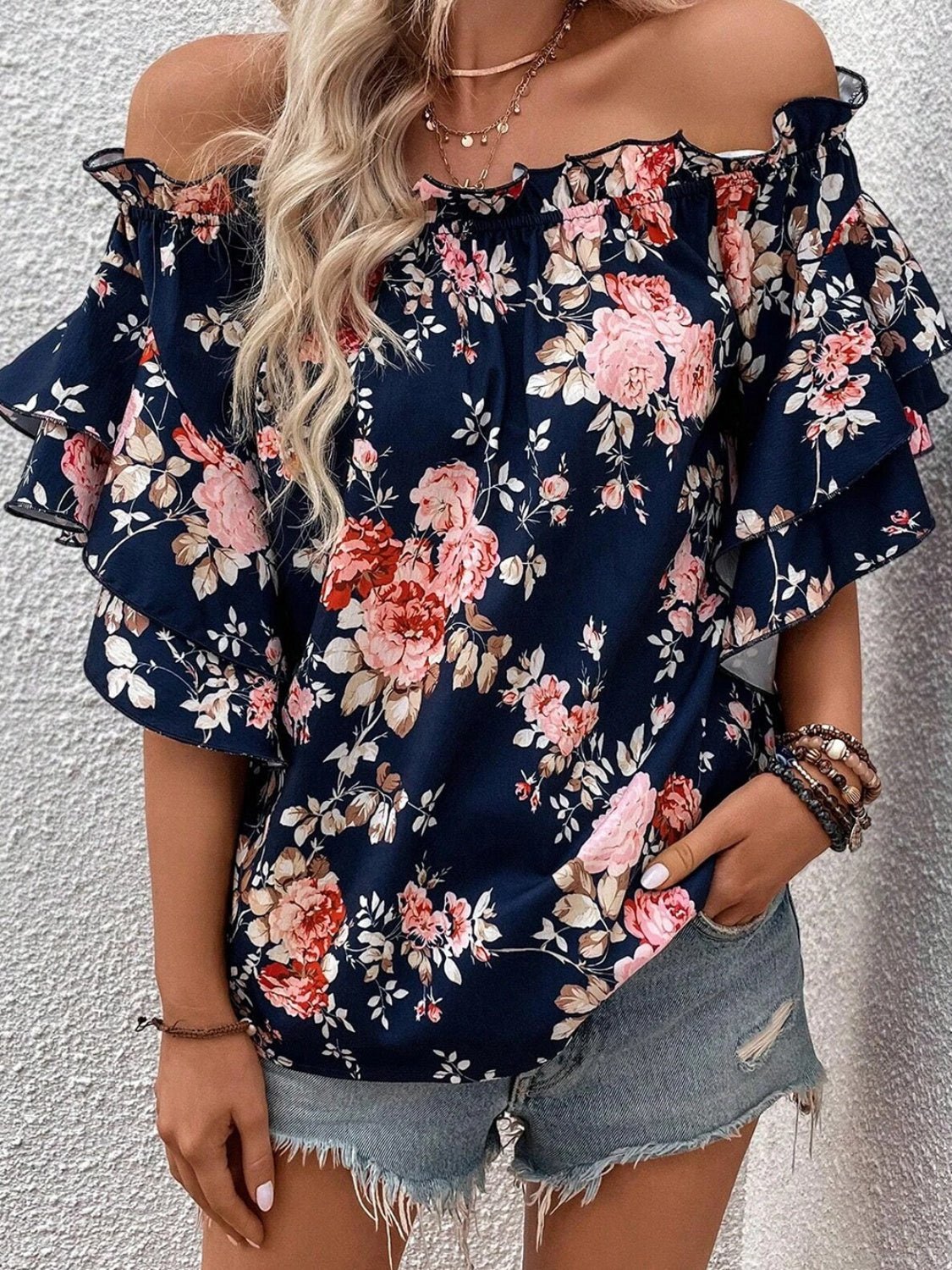 Printed Off-Shoulder Flounce Sleeve Blouse - EMMY