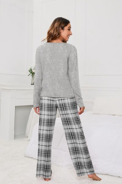 Round Neck Long Sleeve Top and Bow Plaid Pants Lounge Set - EMMY