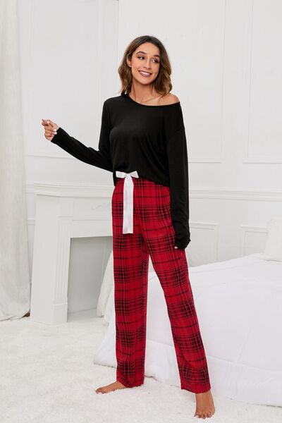 Round Neck Long Sleeve Top and Bow Plaid Pants Lounge Set - EMMY