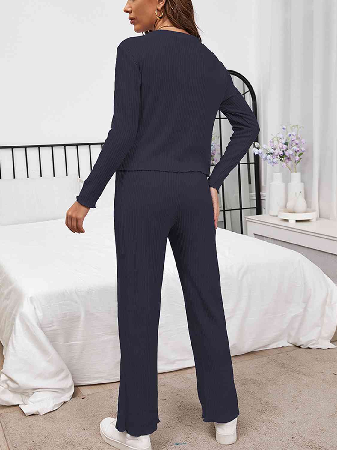 Round Neck Long Sleeve Top and Drawstring Pants Lounge Set - EMMY