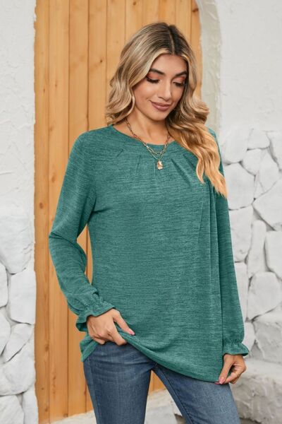 Ruched Round Neck Flounce Sleeve T-Shirt - EMMY