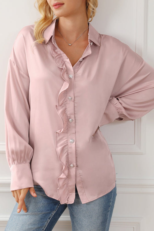 Ruffled Button Up Long Sleeve Shirt - EMMY