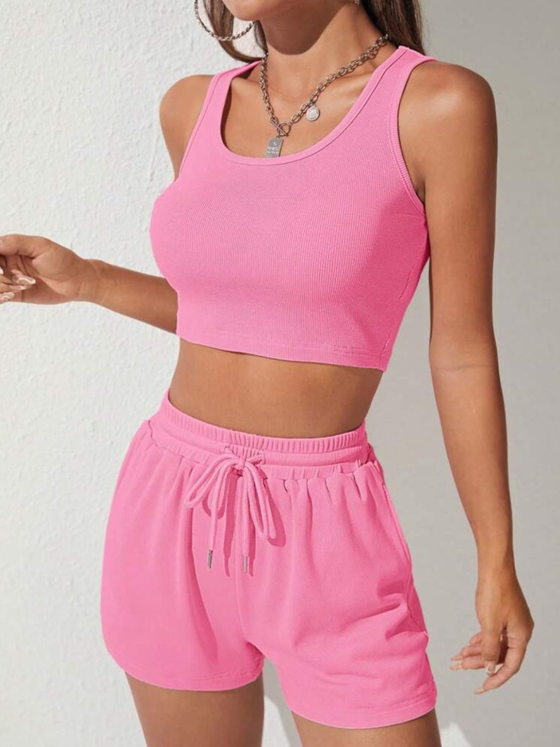 Scoop Neck Wide Strap Top and Drawstring Shorts Set - EMMY