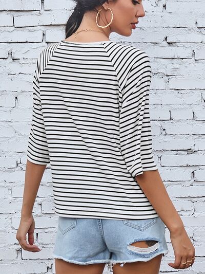 Striped Round Neck Raglan Sleeve T-Shirt - EMMY