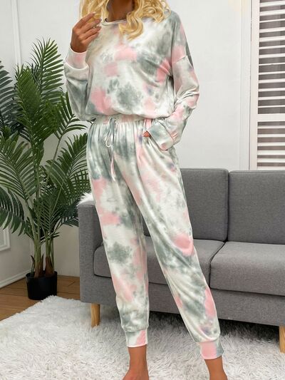 Tie-Dye Round Neck Top and Drawstring Pants Lounge Set - EMMY