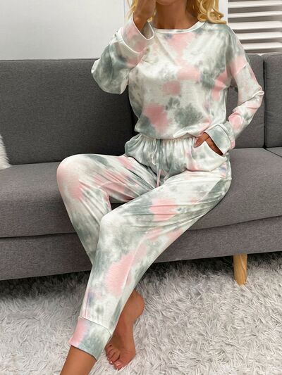 Tie-Dye Round Neck Top and Drawstring Pants Lounge Set - EMMY