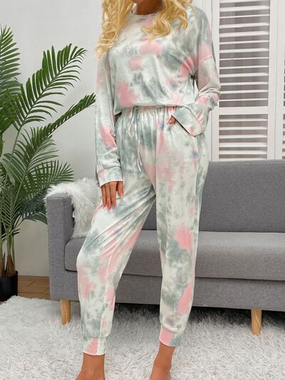 Tie-Dye Round Neck Top and Drawstring Pants Lounge Set - EMMY