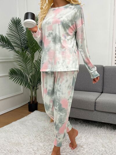 Tie-Dye Round Neck Top and Drawstring Pants Lounge Set - EMMY