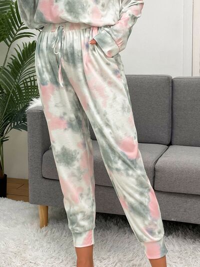 Tie-Dye Round Neck Top and Drawstring Pants Lounge Set - EMMY