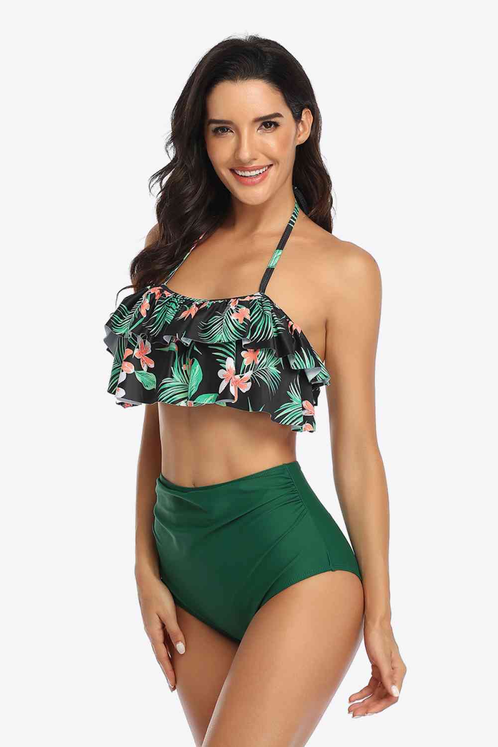 Two-Tone Ruffled Halter Neck Two-Piece Swimsuit - EMMY