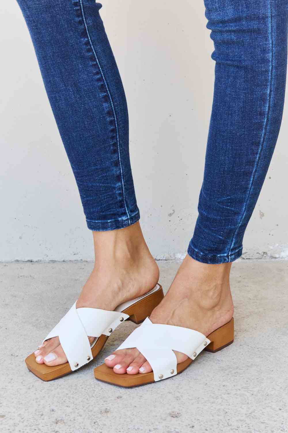 Weeboo Step Into Summer Criss Cross Wooden Clog Mule in White - EMMY