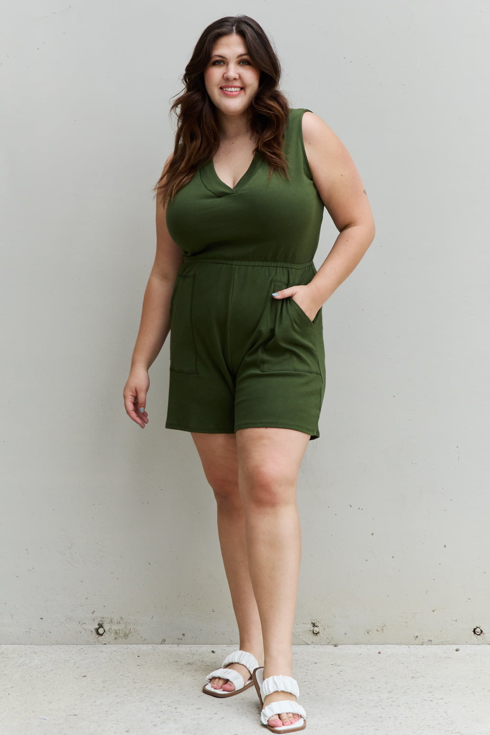 Zenana Forever Yours Full Size V-Neck Sleeveless Romper in Army Green - EMMY