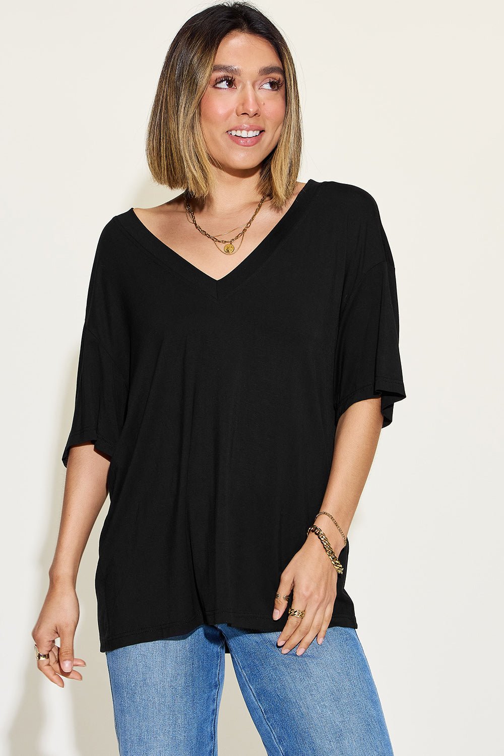 Bamboo V-Neck Drop Shoulder T-Shirt - EMMY