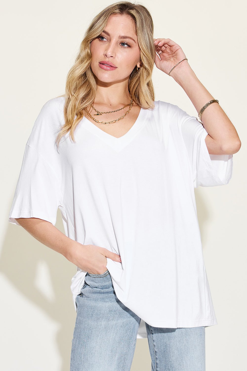 Bamboo V-Neck Drop Shoulder T-Shirt - EMMY