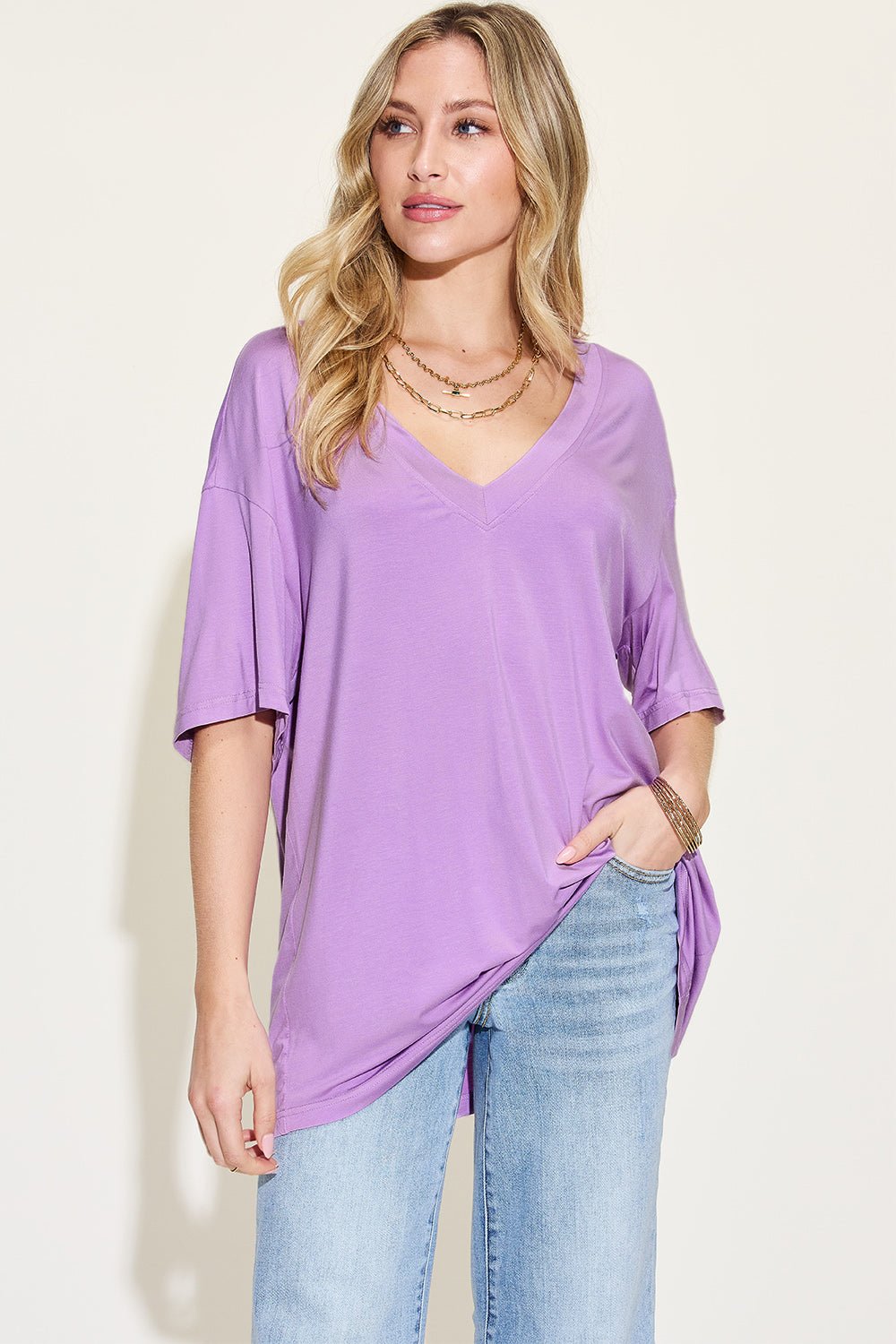 Bamboo V-Neck Drop Shoulder T-Shirt - EMMY