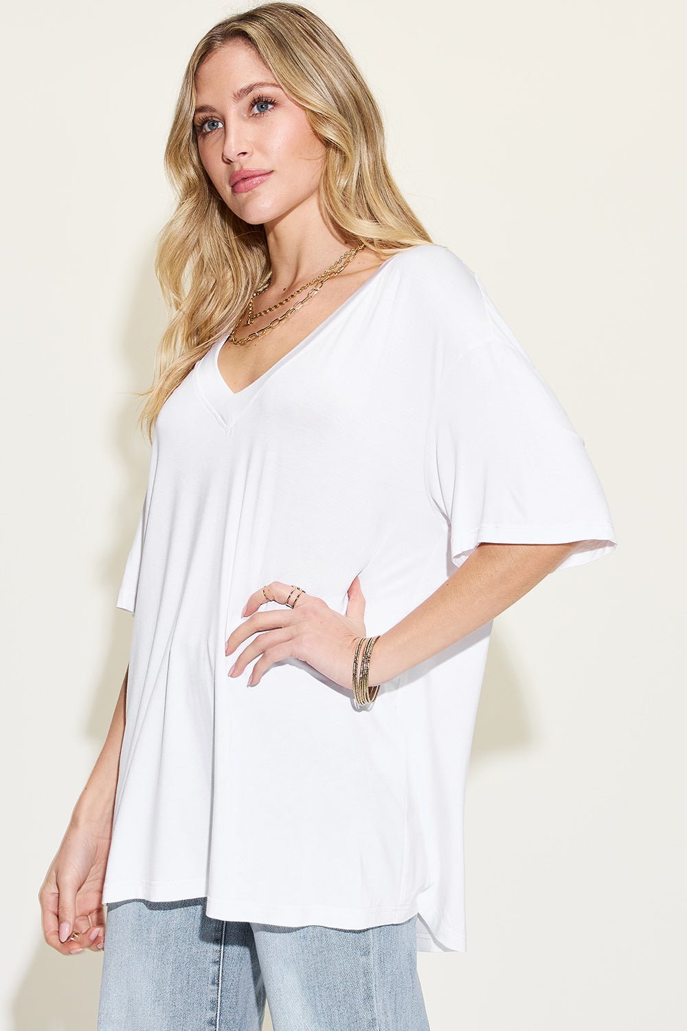 Bamboo V-Neck Drop Shoulder T-Shirt - EMMY