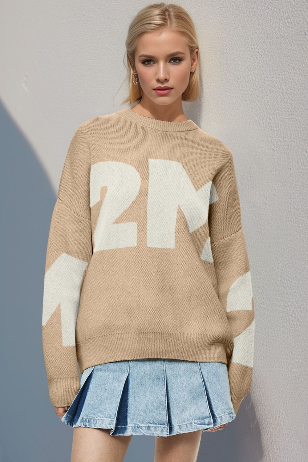 Basic Bae Contrast Letter Round Neck Long Sleeve Sweater - EMMY