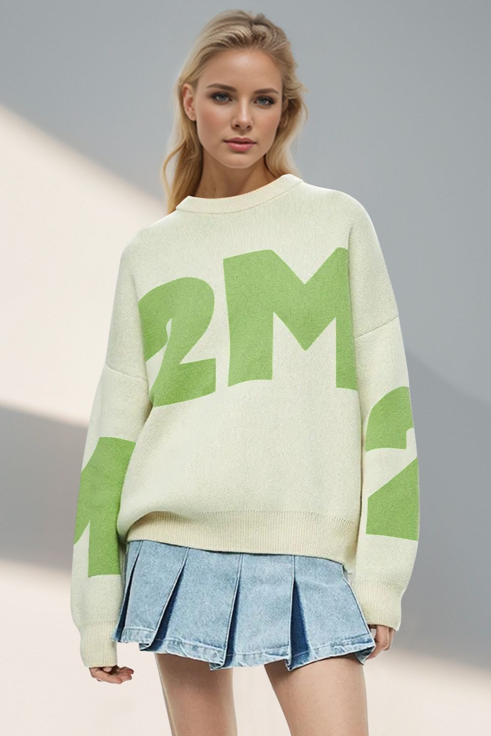 Basic Bae Contrast Letter Round Neck Long Sleeve Sweater - EMMY