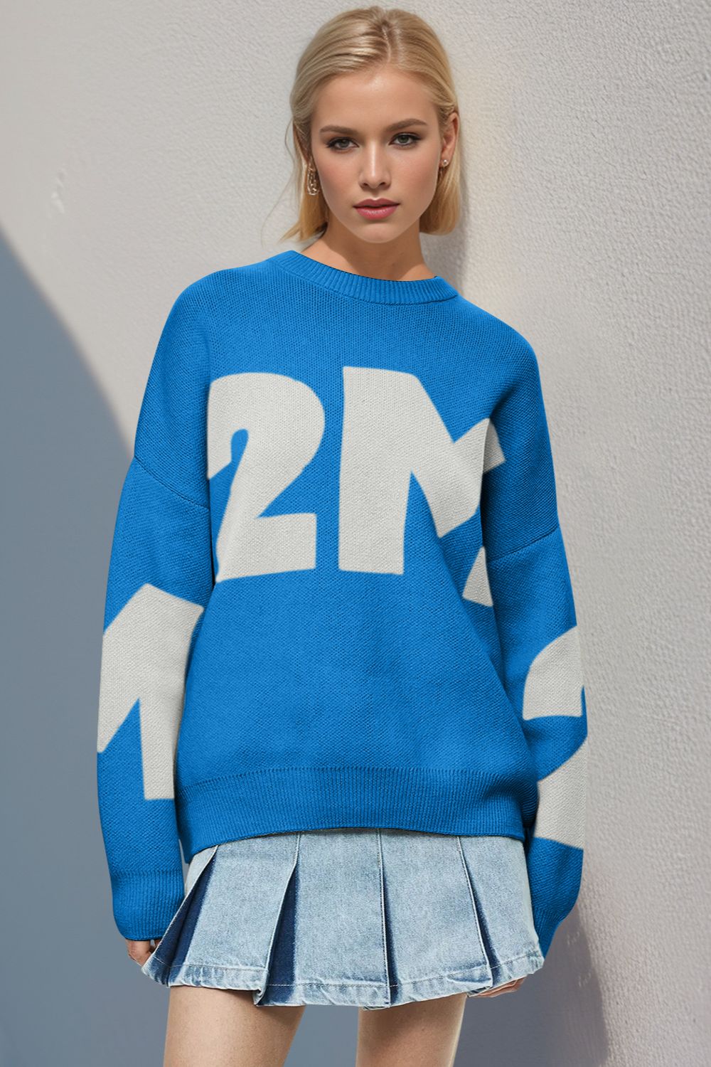 Basic Bae Contrast Letter Round Neck Long Sleeve Sweater - EMMY