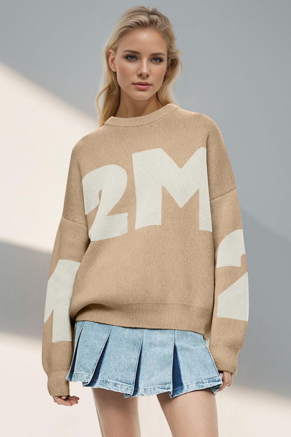 Basic Bae Contrast Letter Round Neck Long Sleeve Sweater - EMMY