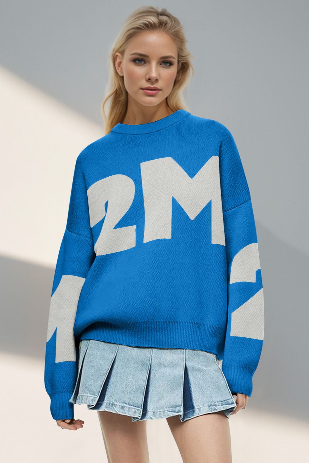 Basic Bae Contrast Letter Round Neck Long Sleeve Sweater - EMMY