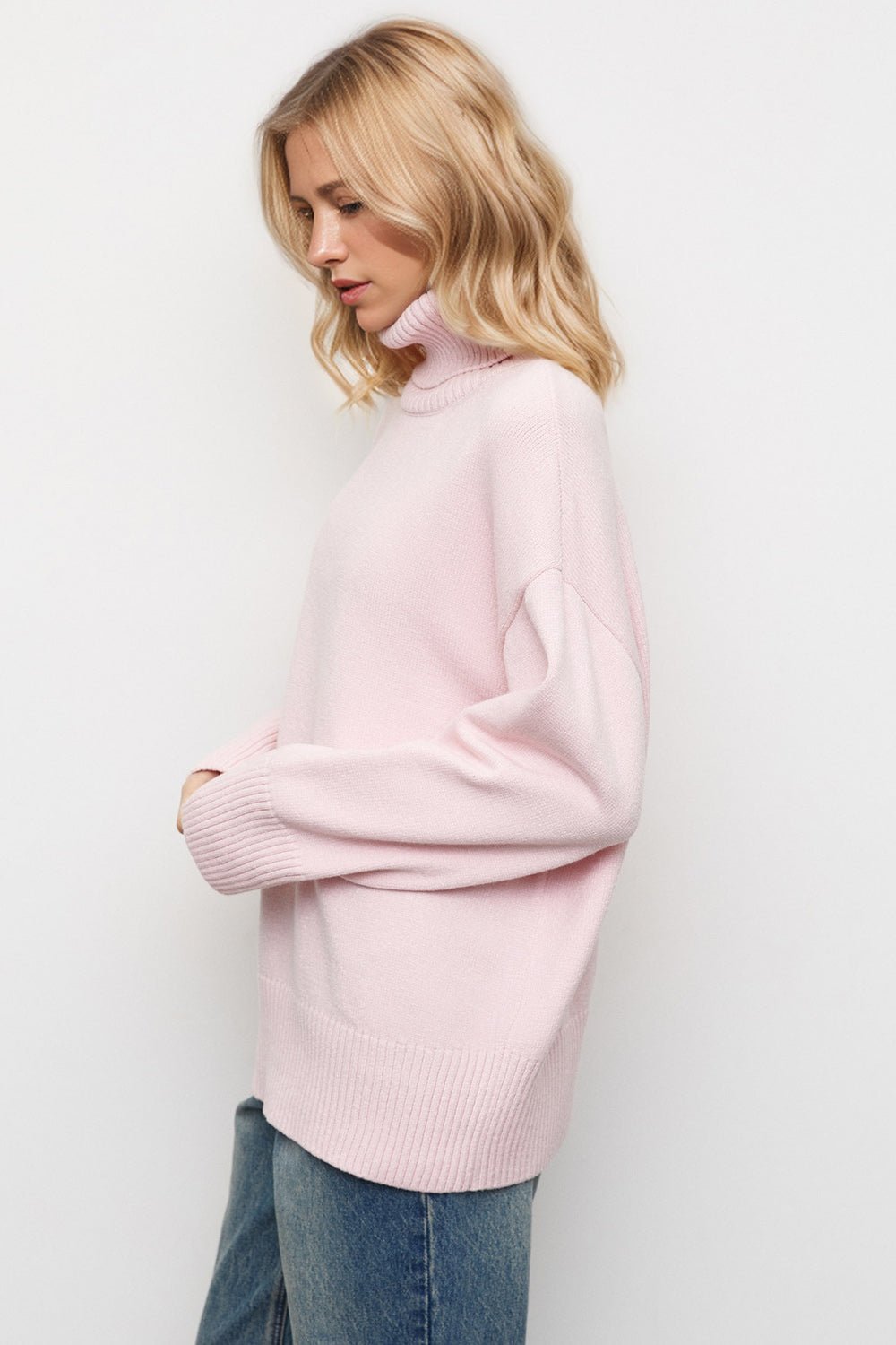 Basic Bae Turtleneck Dropped Shoulder Long Sleeve Sweater - EMMY