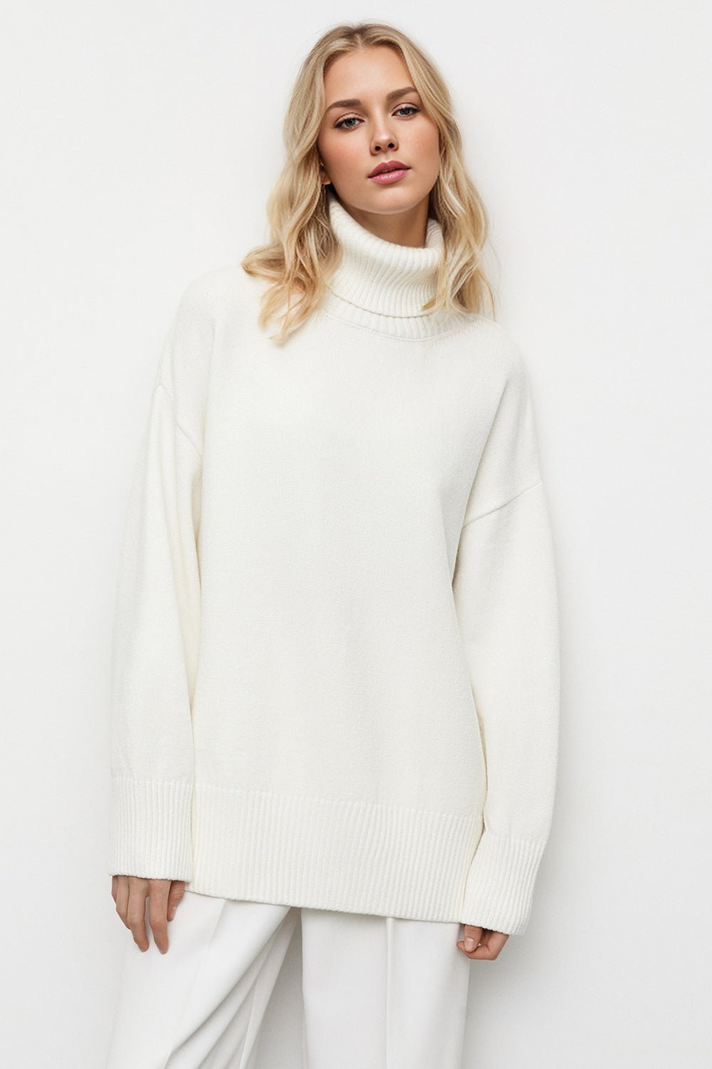 Basic Bae Turtleneck Dropped Shoulder Long Sleeve Sweater - EMMY