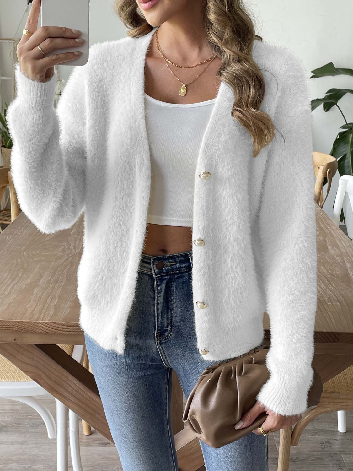 Button Up V - Neck Long Sleeve Cardigan - EMMY