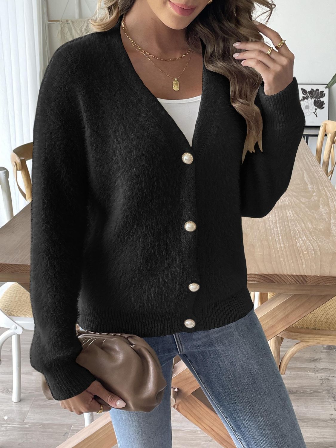 Button Up V - Neck Long Sleeve Cardigan - EMMY