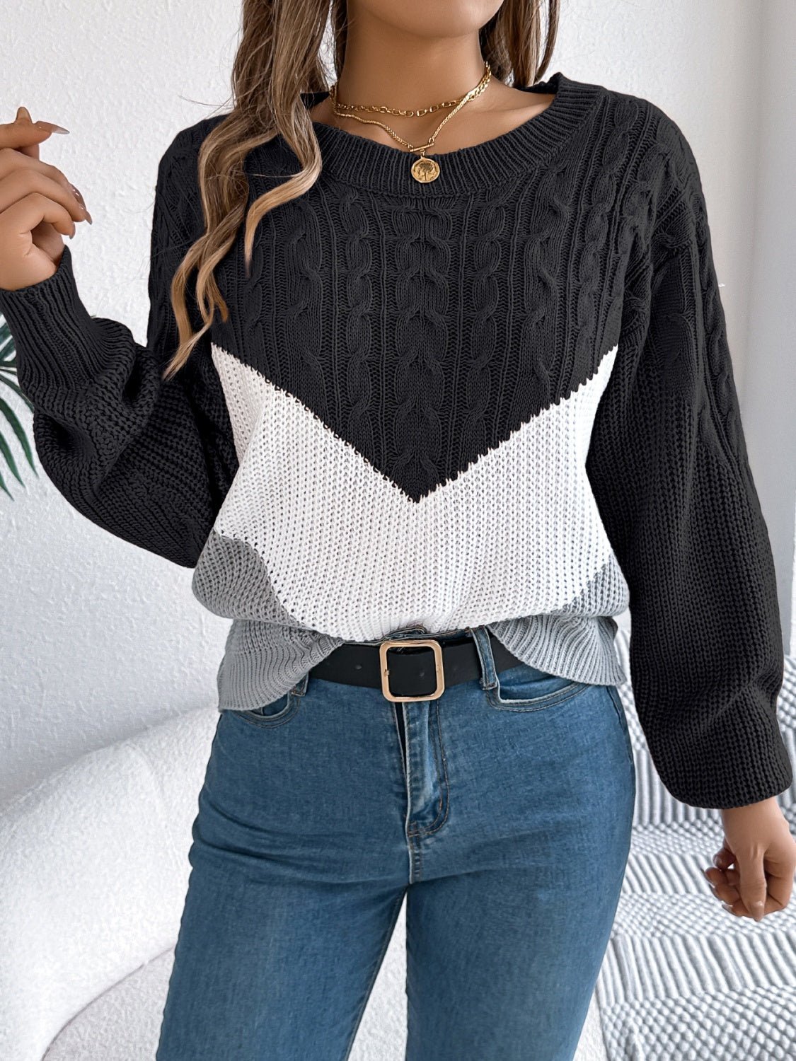 Cable - Knit Color Block Round Neck Sweater - EMMY