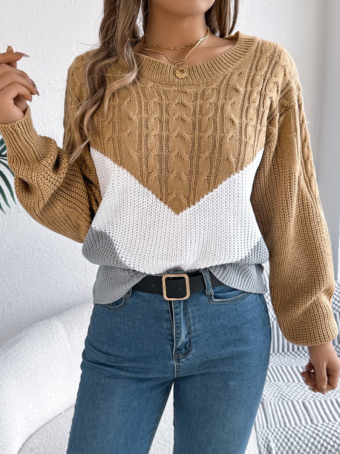 Cable - Knit Color Block Round Neck Sweater - EMMY