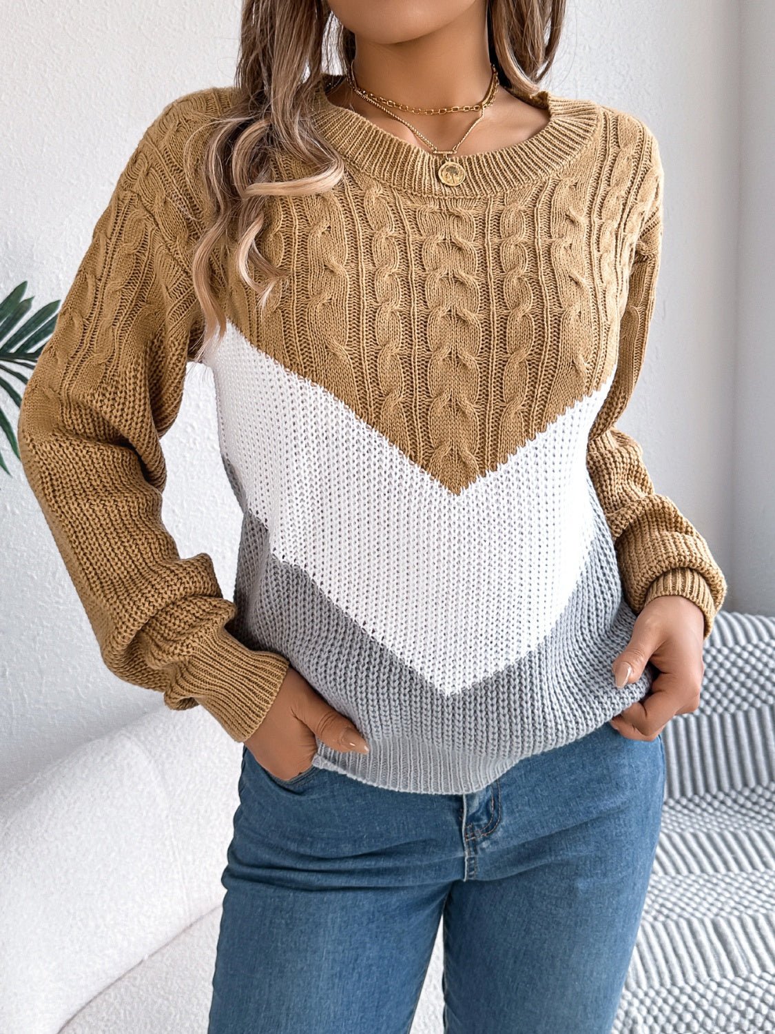 Cable - Knit Color Block Round Neck Sweater - EMMY