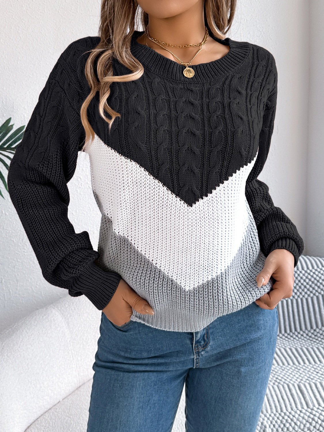 Cable - Knit Color Block Round Neck Sweater - EMMY