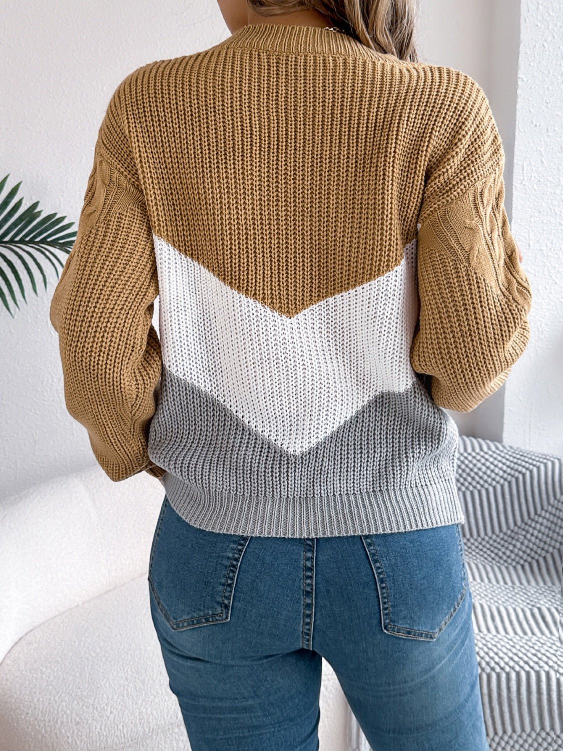 Cable - Knit Color Block Round Neck Sweater - EMMY