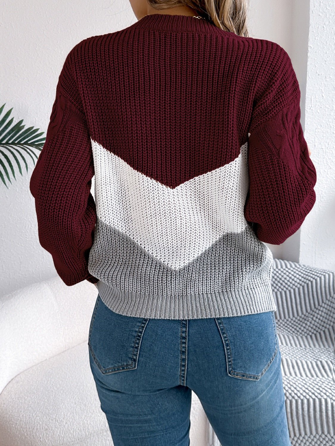 Cable - Knit Color Block Round Neck Sweater - EMMY