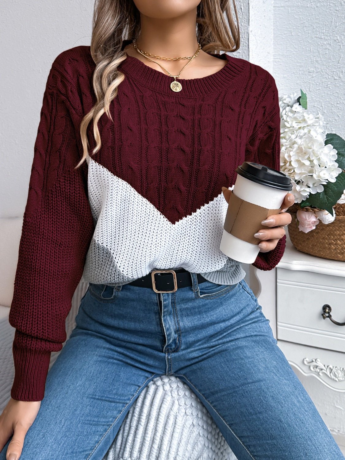 Cable - Knit Color Block Round Neck Sweater - EMMY