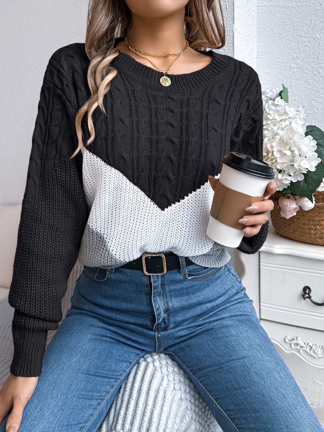 Cable - Knit Color Block Round Neck Sweater - EMMY