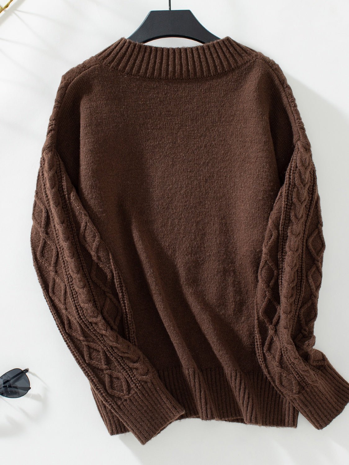 Cable - Knit Notched Long Sleeve Sweater - EMMY