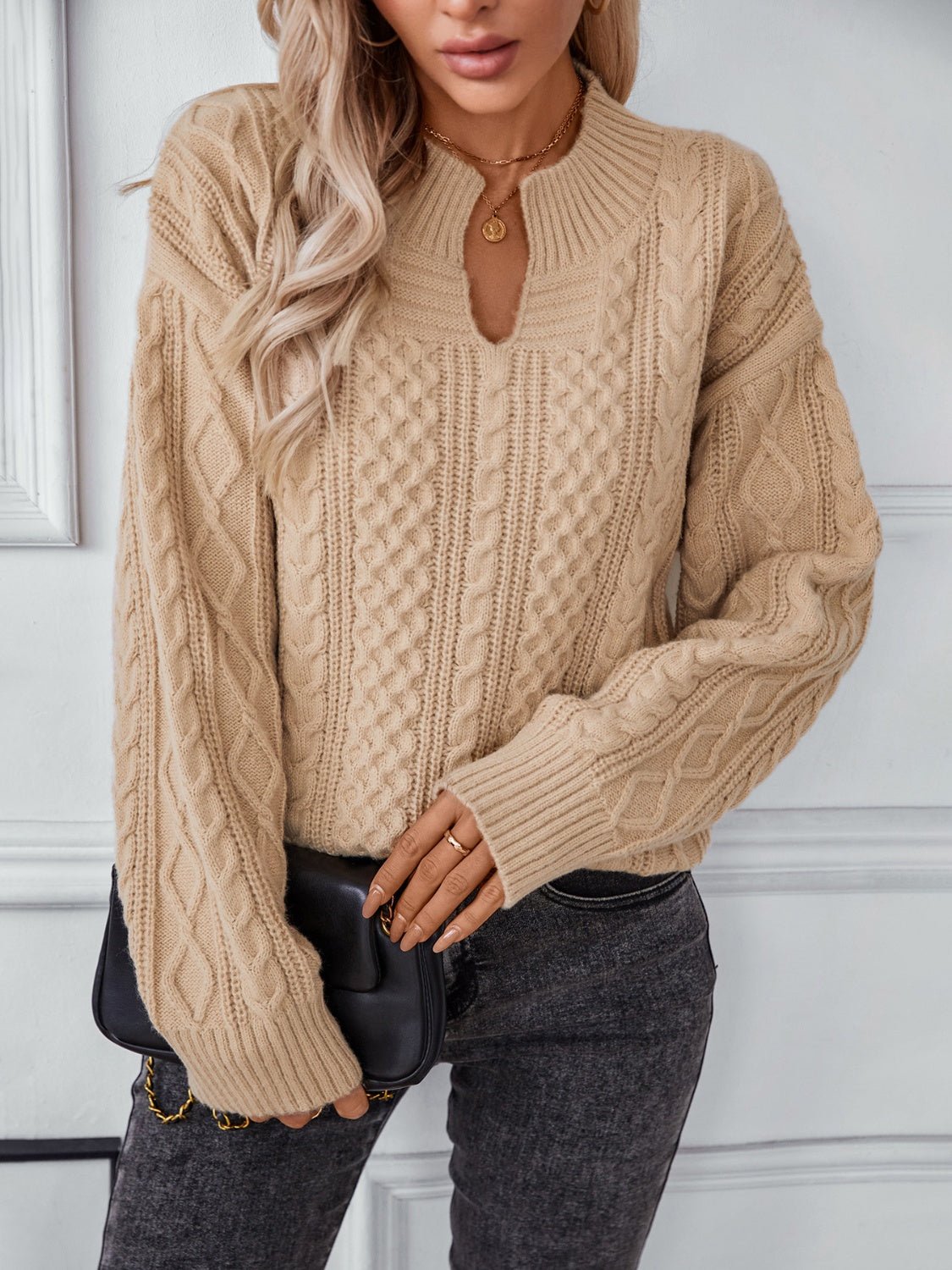 Cable - Knit Notched Long Sleeve Sweater - EMMY