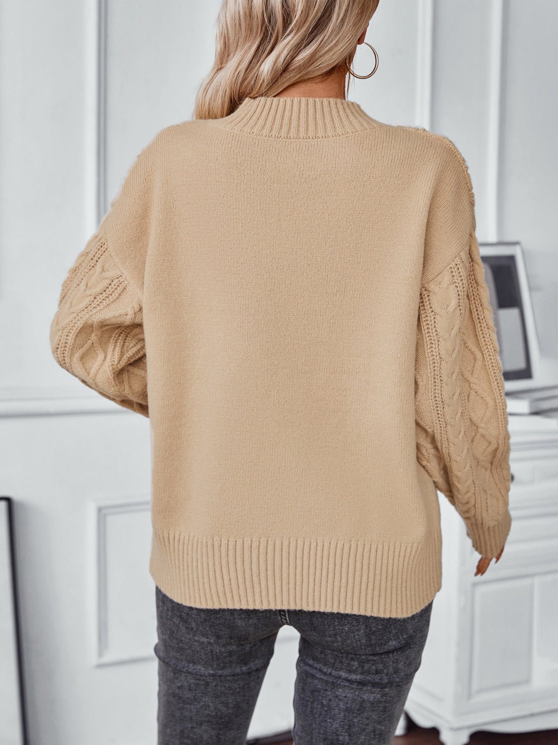 Cable - Knit Notched Long Sleeve Sweater - EMMY