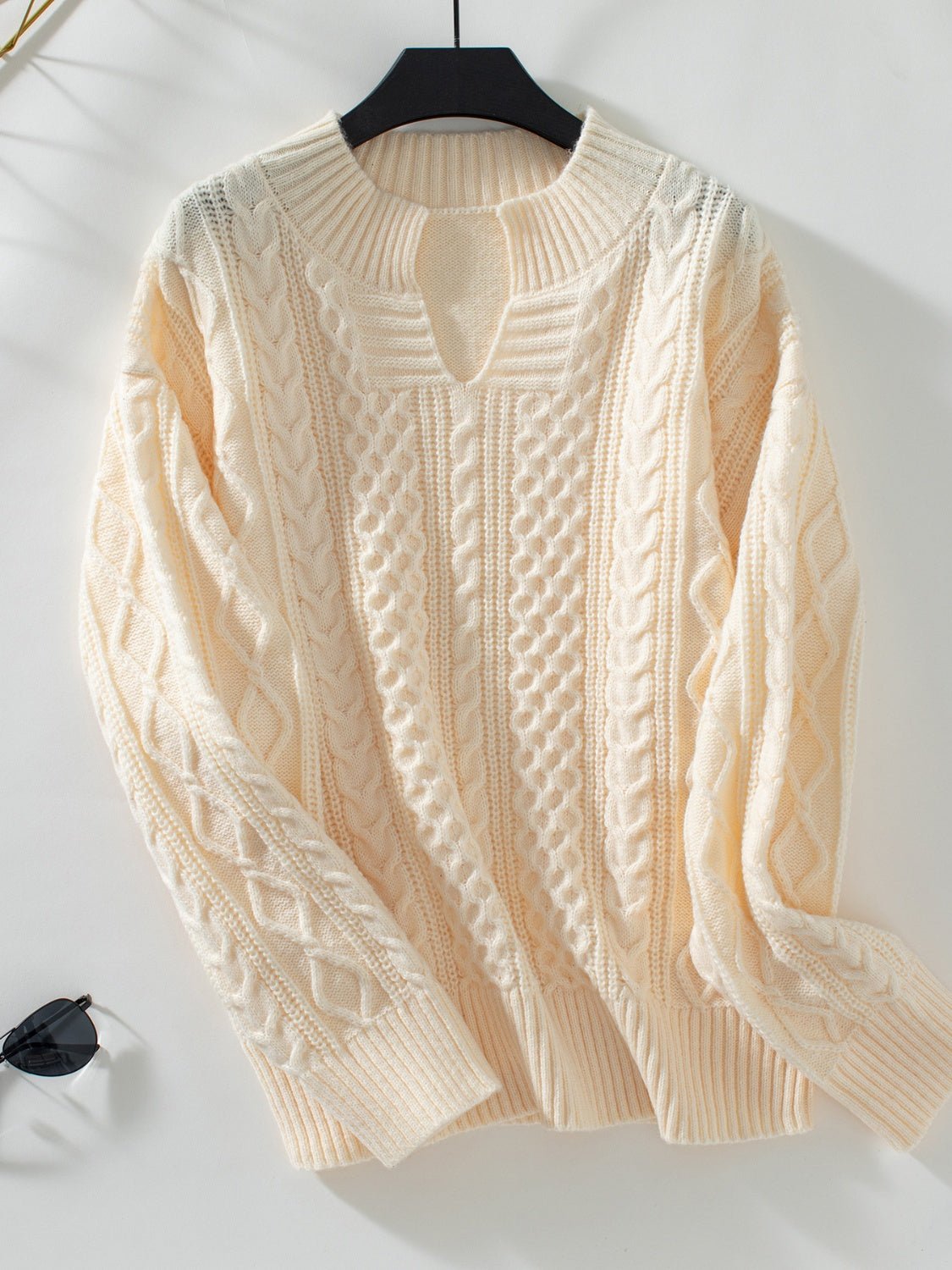 Cable - Knit Notched Long Sleeve Sweater - EMMY