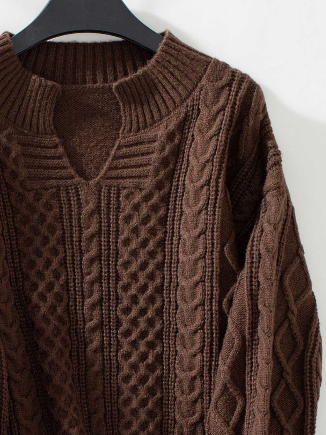 Cable - Knit Notched Long Sleeve Sweater - EMMY